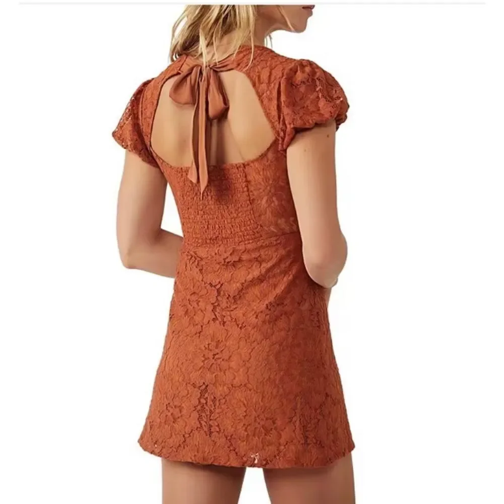 Free People Hailie open back short puff sleeve lace mini dress NWT - Picture 2 of 13